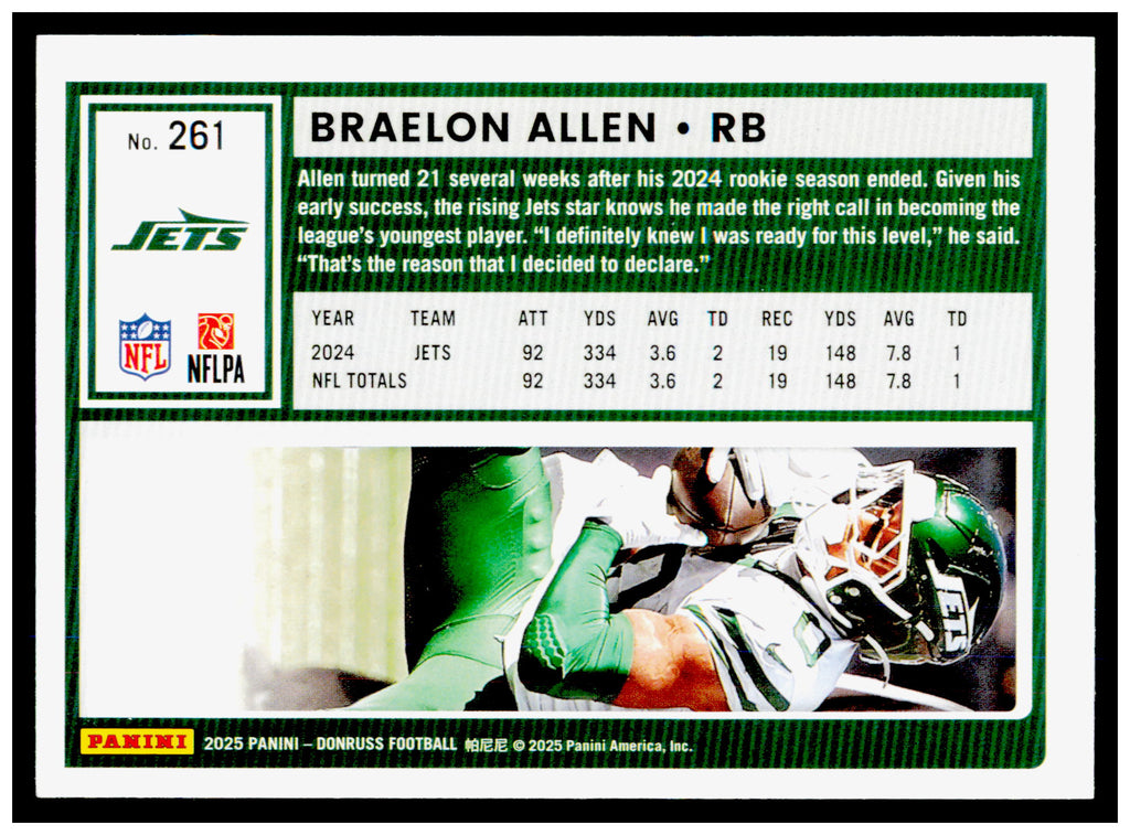 2025 Donruss Braelon Allen Card New York Jets #261