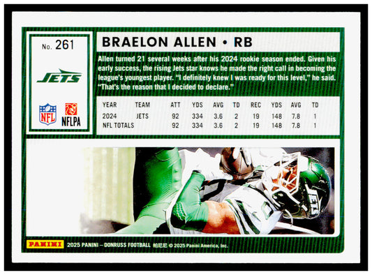 2025 Donruss Braelon Allen Card New York Jets #261