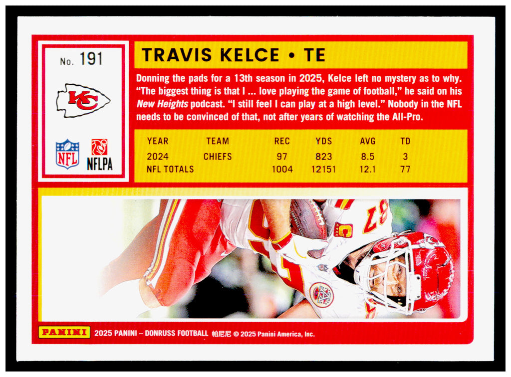 2025 Donruss Travis Kelce Card Kansas City Chiefs #191