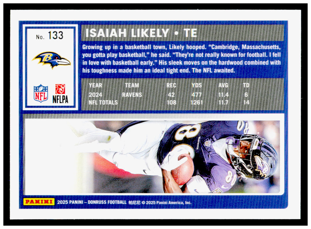 2025 Donruss Isaiah Likely Card No Name Baltimore Ravens #133