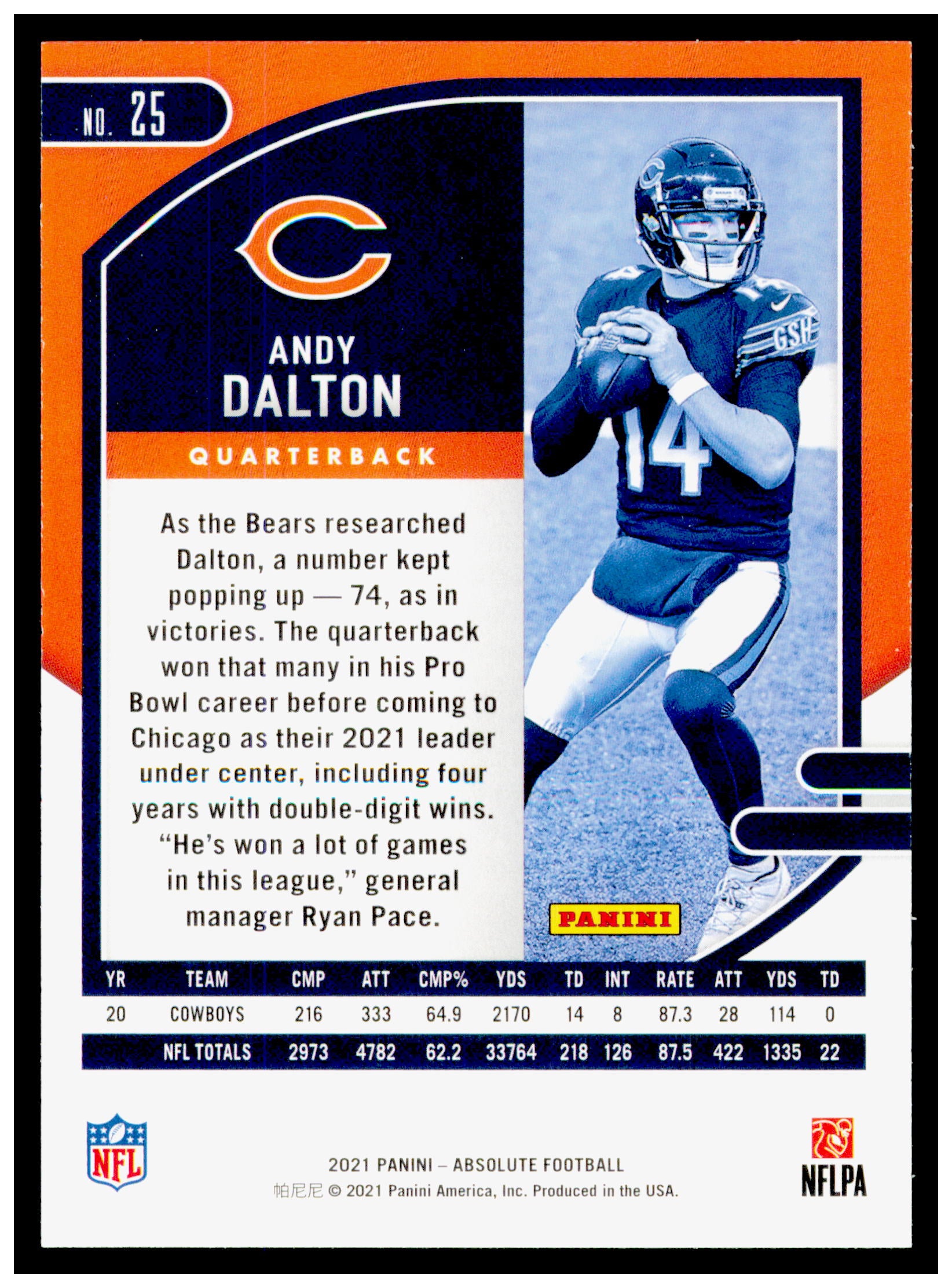 2021 Panini Absolute Andy Dalton Card Blue Chicago Bears #25