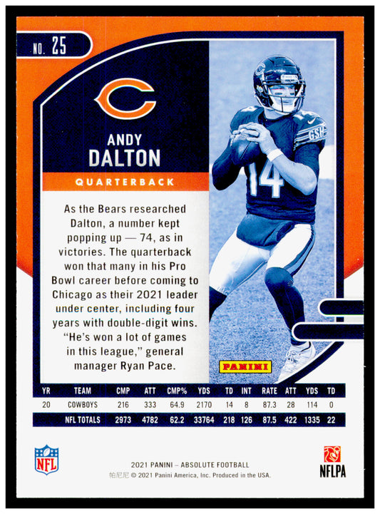 2021 Panini Absolute Andy Dalton Card Blue Chicago Bears #25