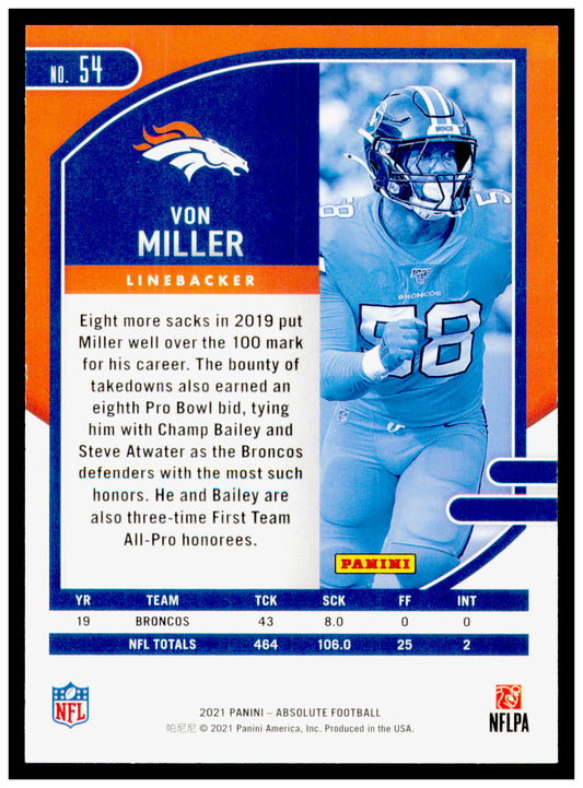 2021 Panini Absolute Von Miller Card Blue Denver Broncos #54