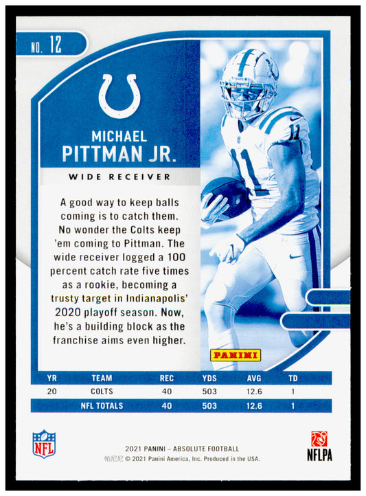 2021 Panini Absolute Michael Pittman Jr. Card Indianapolis Colts #12