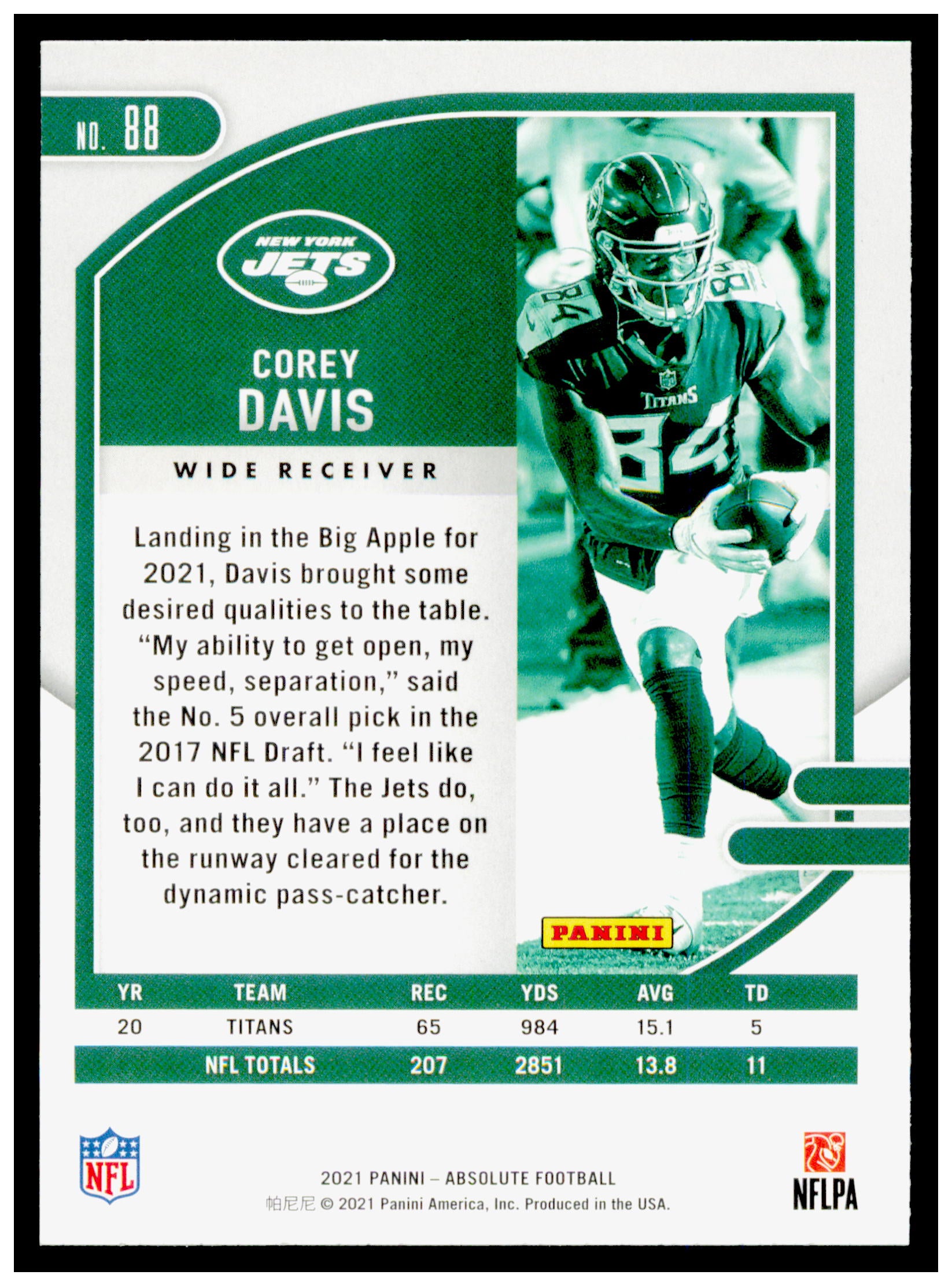 2021 Panini Absolute Corey Davis Card New York Jets #88