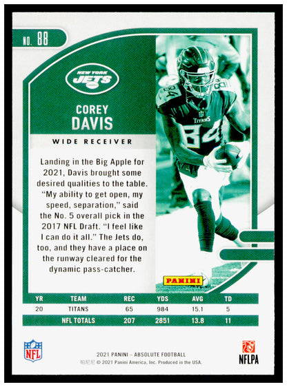 2021 Panini Absolute Corey Davis Card New York Jets #88