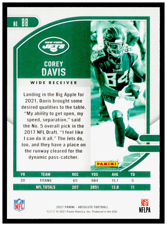 2021 Panini Absolute Corey Davis Card New York Jets #88