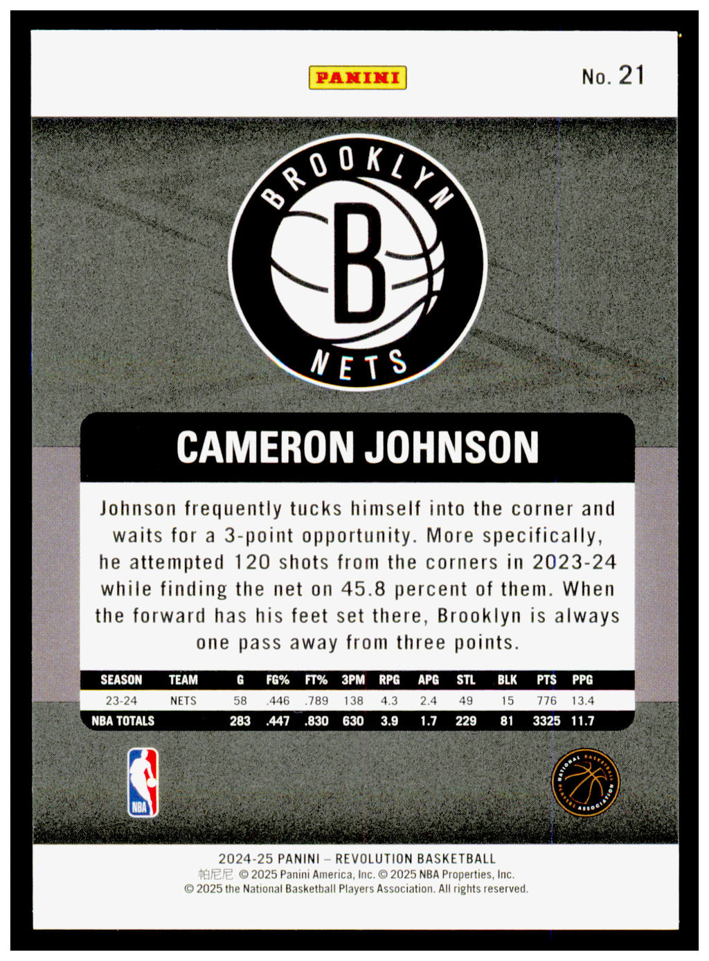 2024-25 Panini Revolution Cameron Johnson Card Brooklyn Nets #21