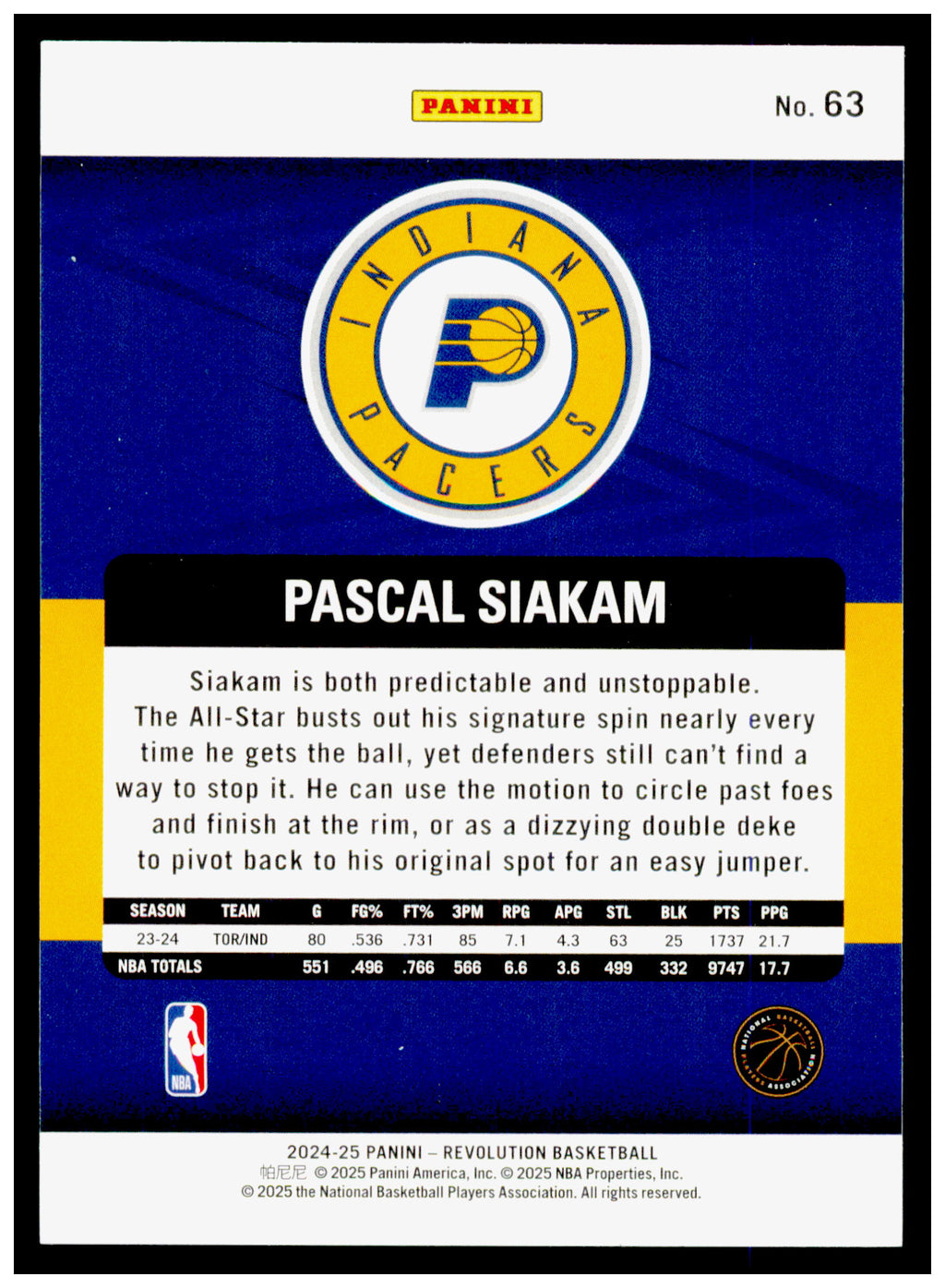 2024-25 Panini Revolution Pascal Siakam Card Indiana Pacers #63