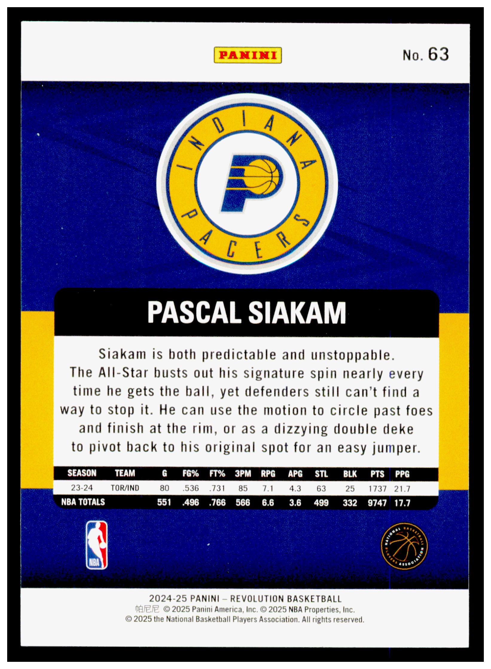 2024-25 Panini Revolution Pascal Siakam Card Indiana Pacers #63