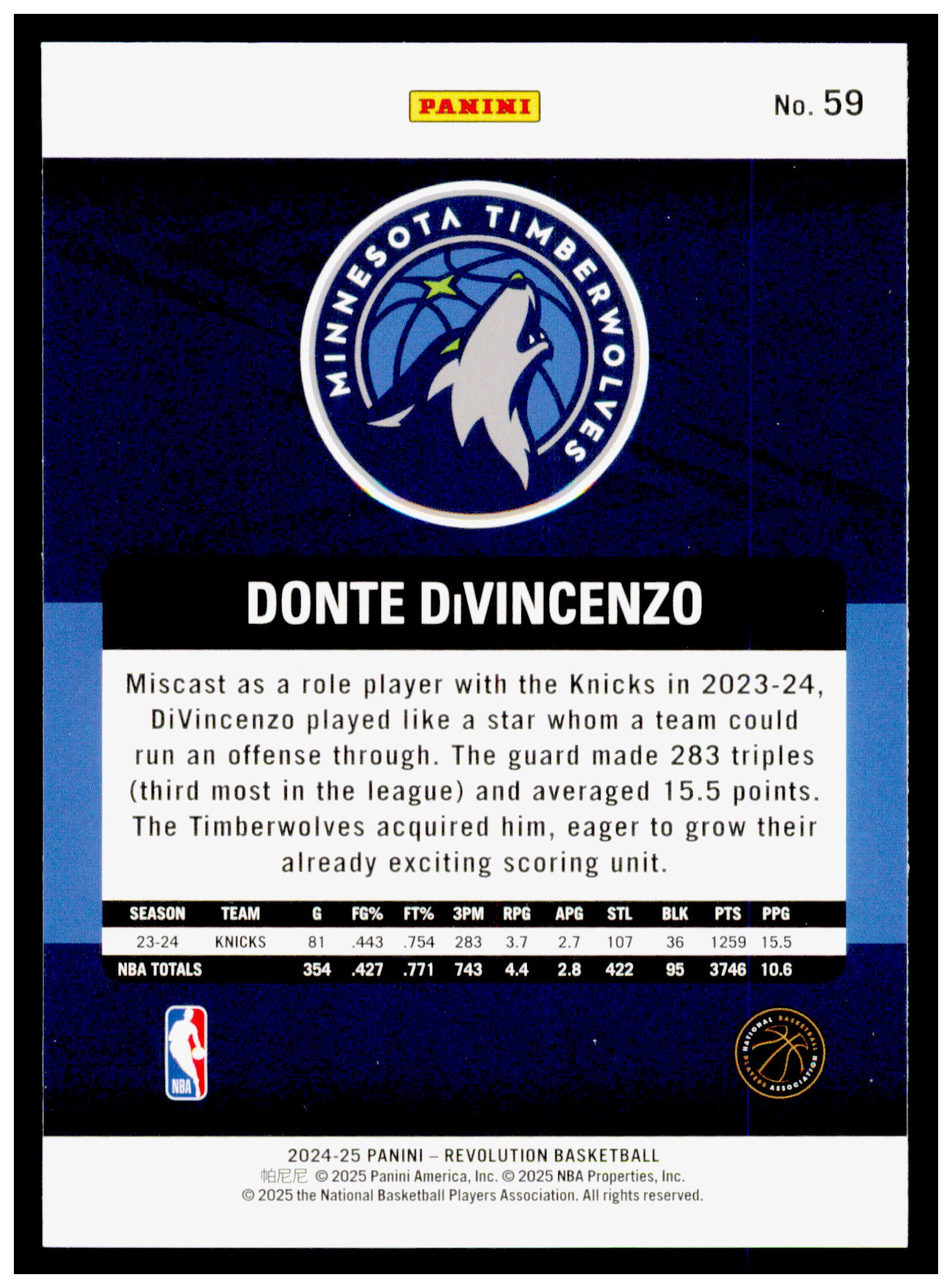 2024-25 Panini Revolution Donte DiVincenzo Card Minnesota Timberwolves #59