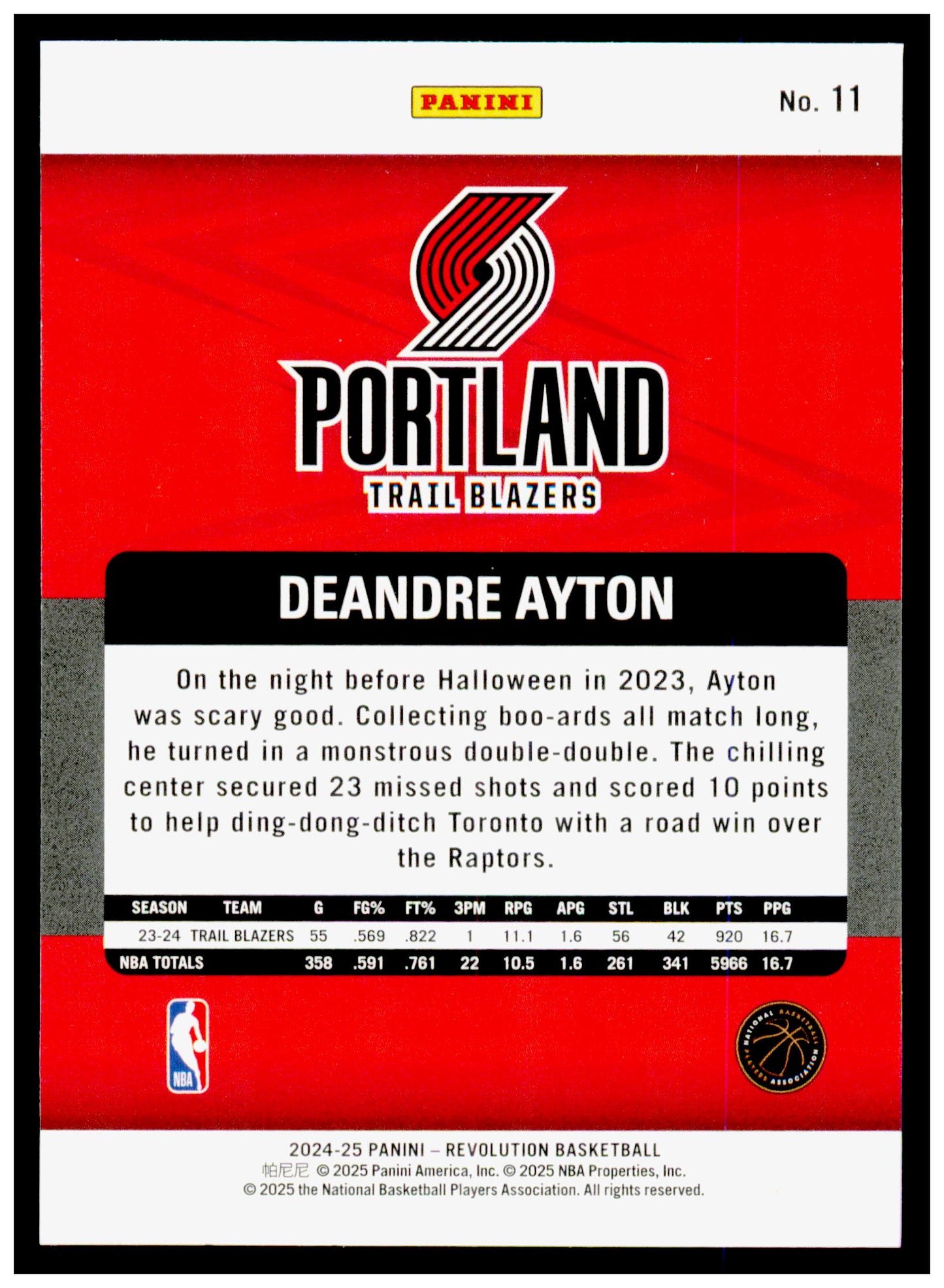 2024-25 Panini Revolution Deandre Ayton Card Portland Trail Blazers #11