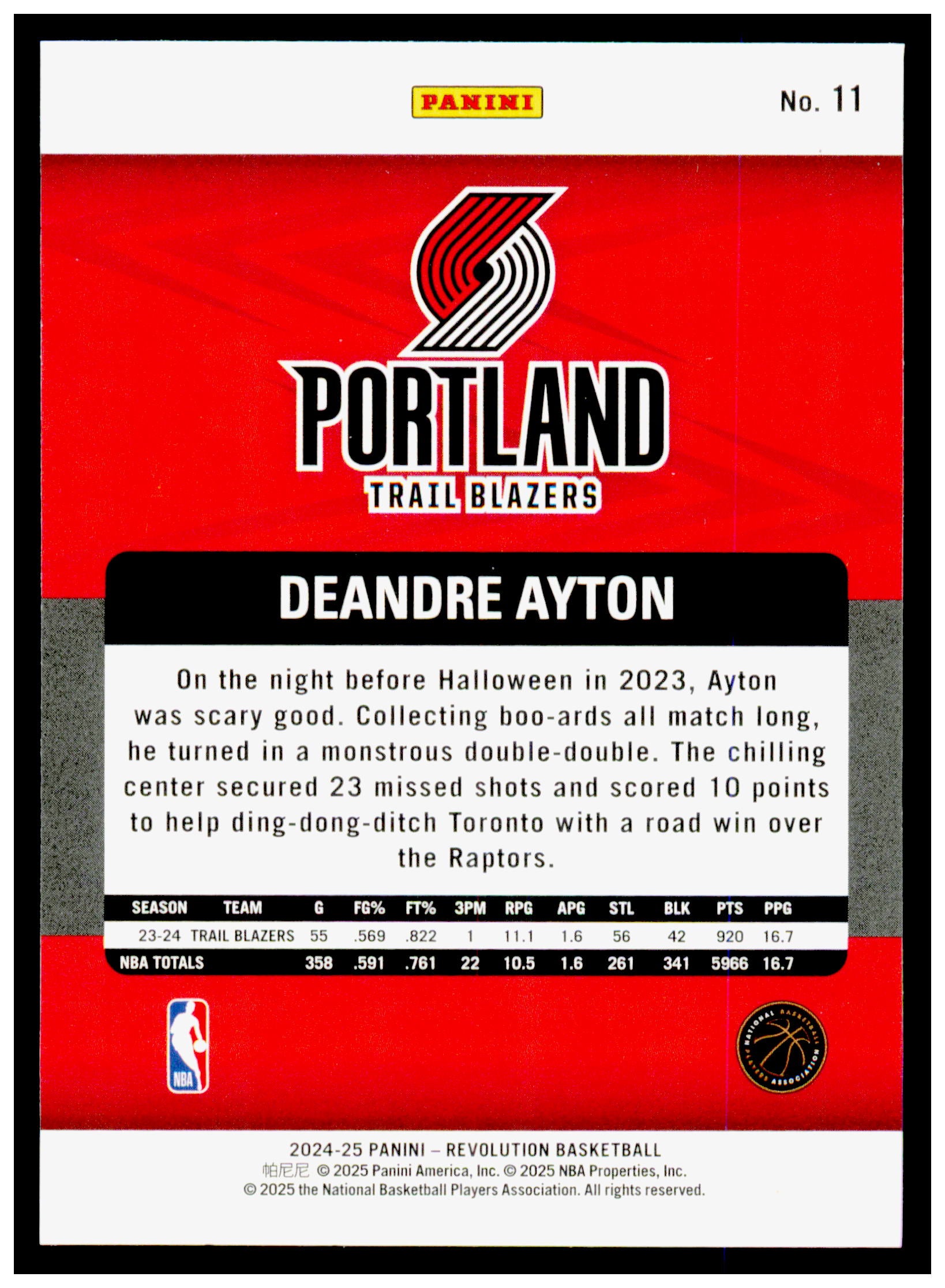 2024-25 Panini Revolution Deandre Ayton Card Portland Trail Blazers #11
