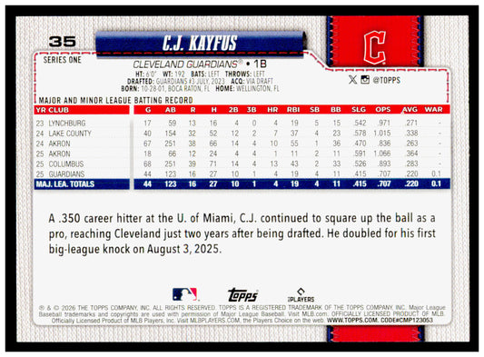 2026 Topps C.J. Kayfus Card RC Cleveland Guardians #35