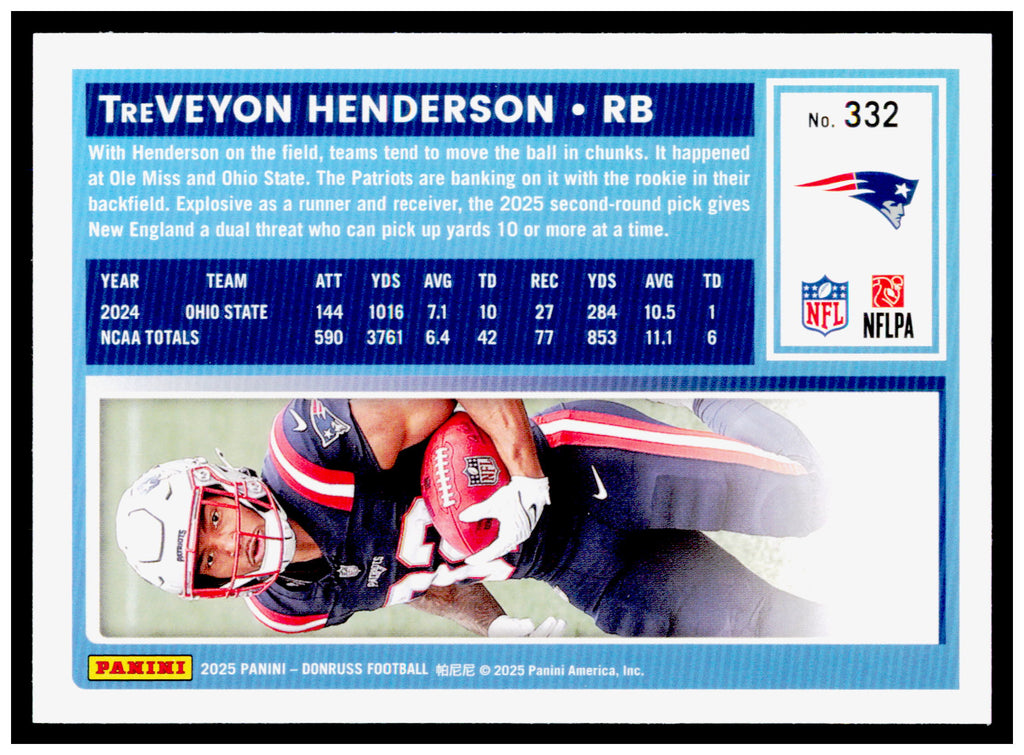 2025 Donruss TreVeyon Henderson Card RC New England Patriots #332