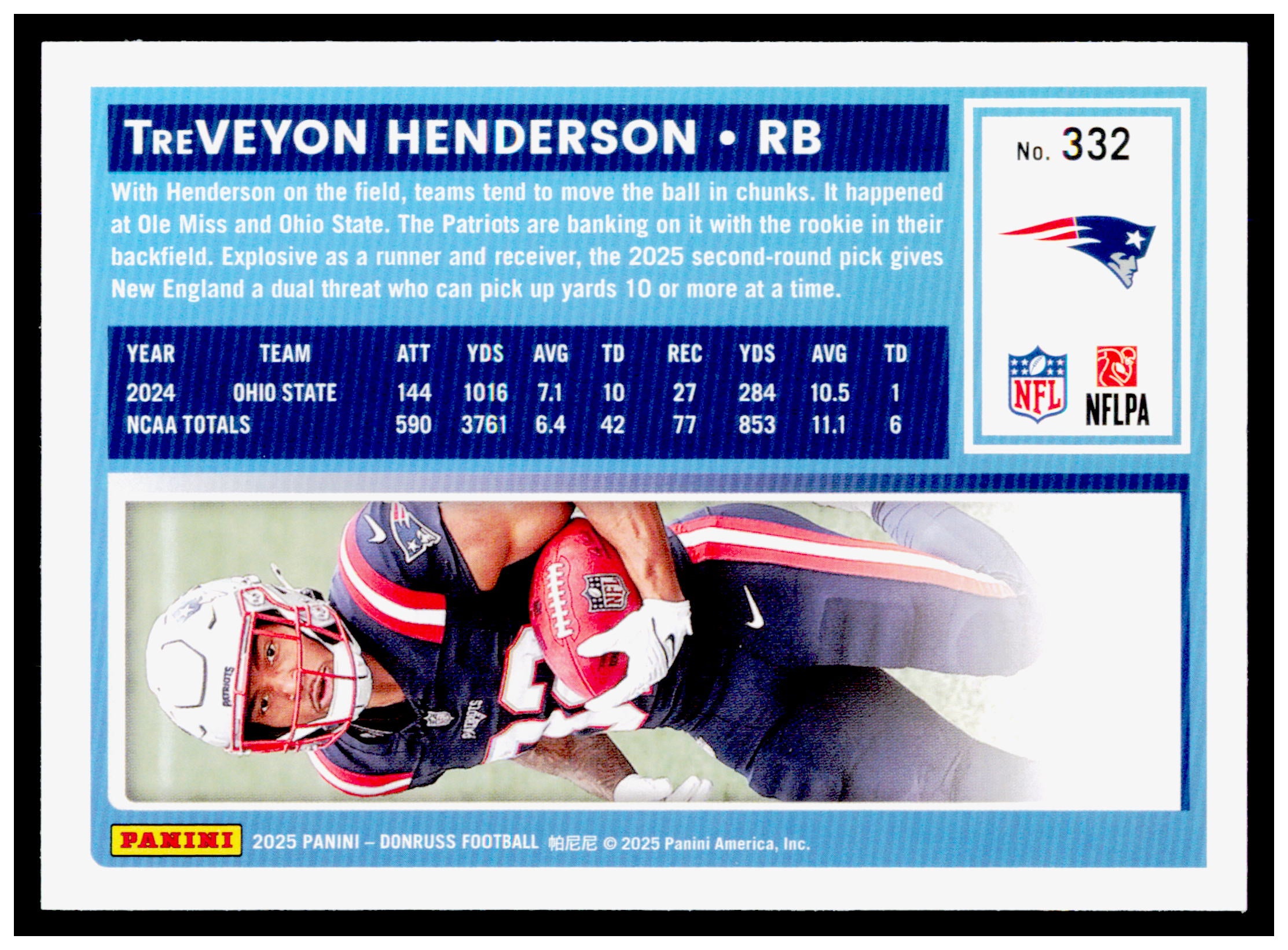 2025 Donruss TreVeyon Henderson Card RC New England Patriots #332