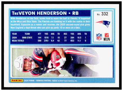 2025 Donruss TreVeyon Henderson Card RC New England Patriots #332