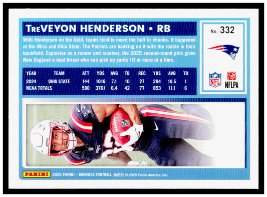 2025 Donruss TreVeyon Henderson Card RC New England Patriots #332