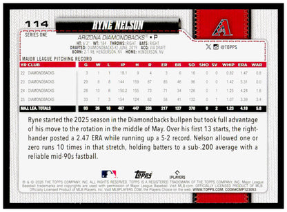 2026 Topps Ryne Nelson Card Arizona Diamondbacks #114