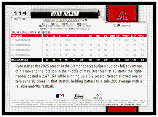 2026 Topps Ryne Nelson Card Arizona Diamondbacks #114
