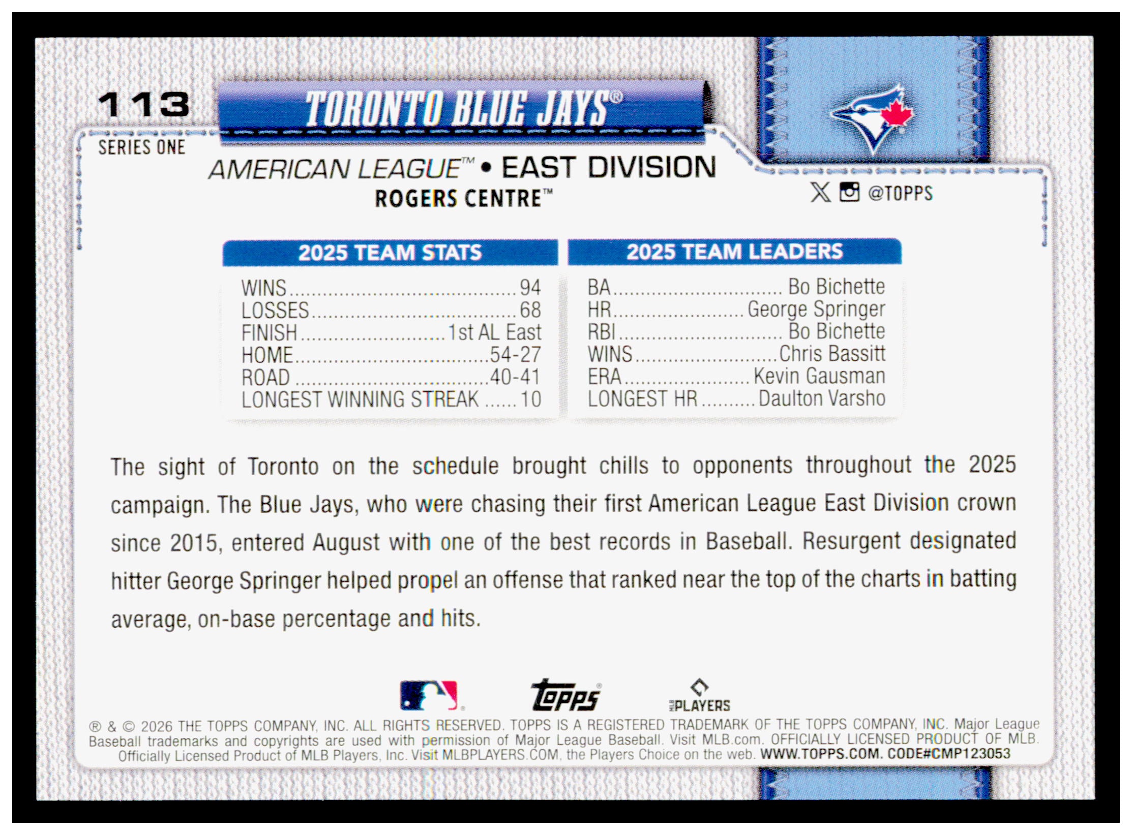 2026 Topps Toronto Blue Jays Card Toronto Blue Jays #113