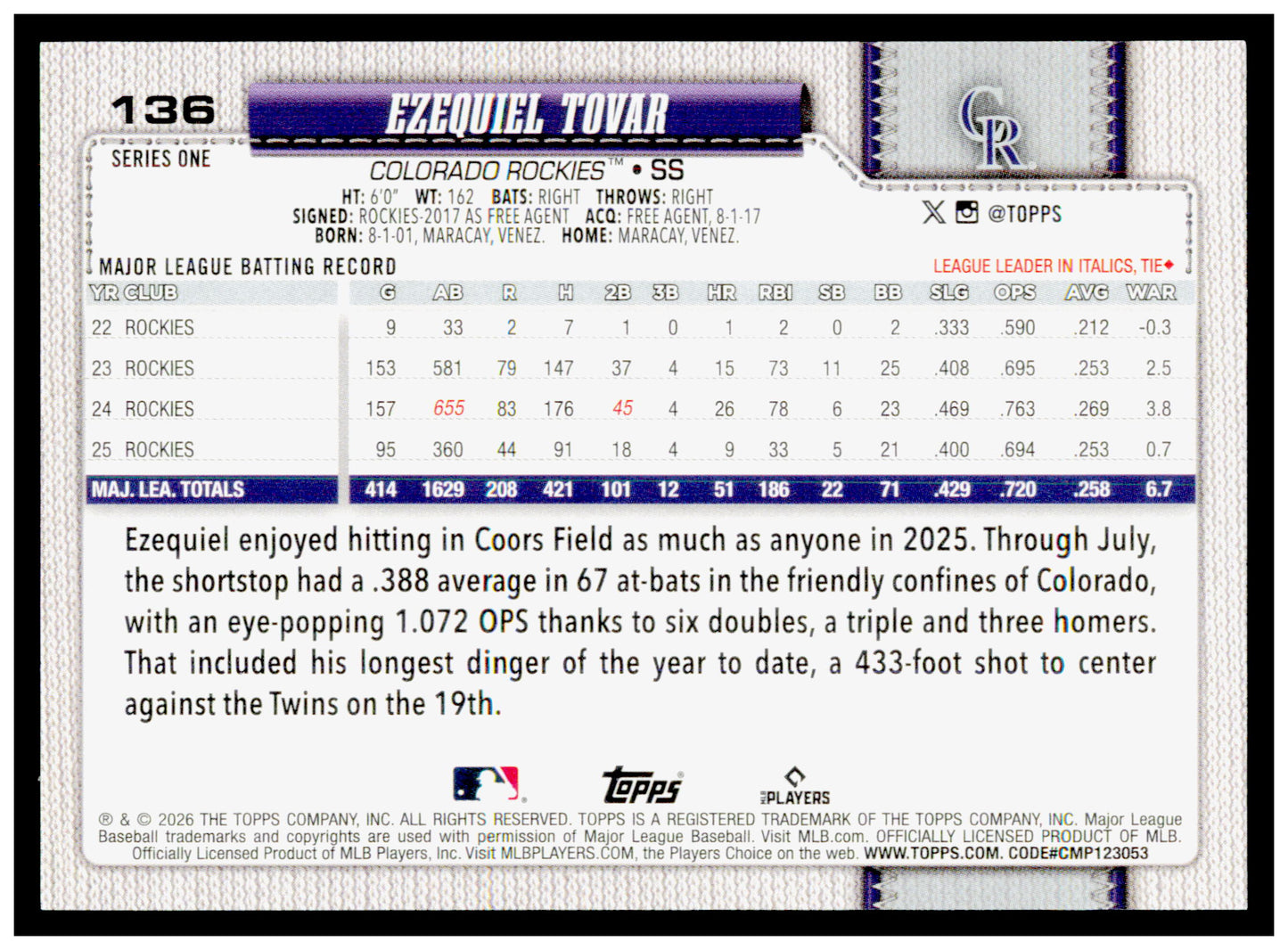 2026 Topps Ezequiel Tovar Card Colorado Rockies #136