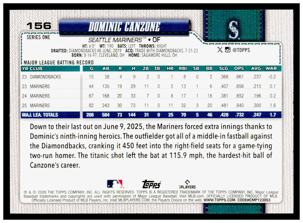 2026 Topps Dominic Canzone Card Seattle Mariners #156