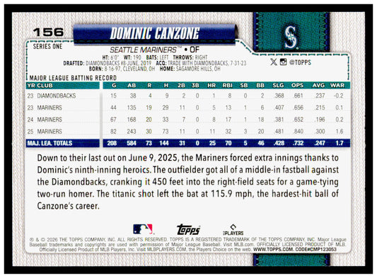 2026 Topps Dominic Canzone Card Seattle Mariners #156