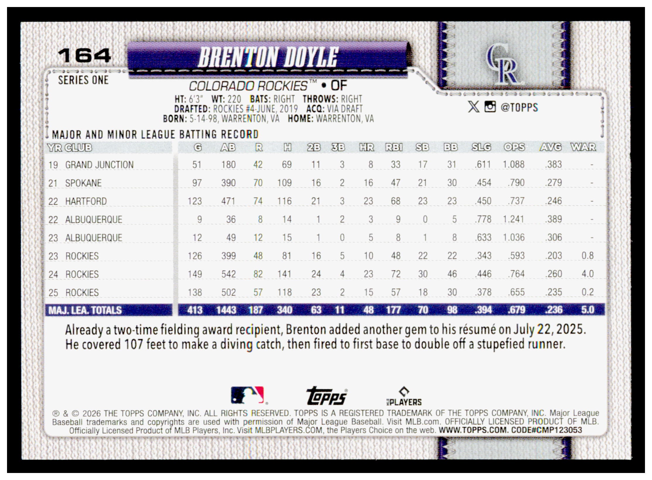 2026 Topps Brenton Doyle Card Colorado Rockies #164