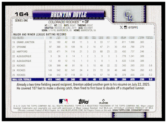 2026 Topps Brenton Doyle Card Colorado Rockies #164
