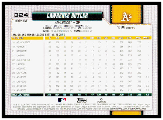 2026 Topps Lawrence Butler Card Athletics #324