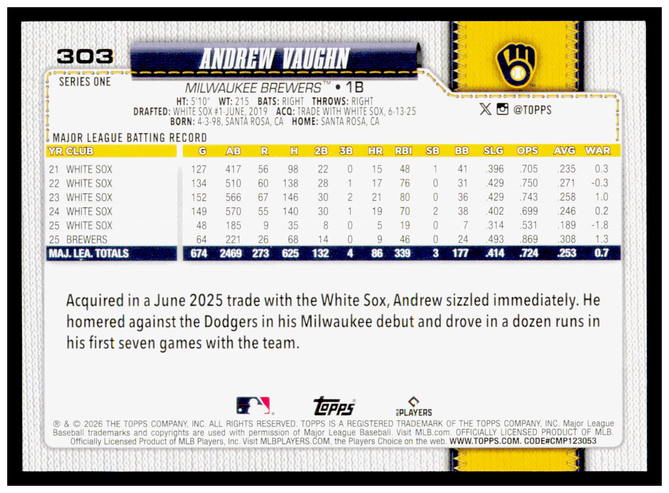 2026 Topps Andrew Vaughn Card Milwaukee Brewers #303