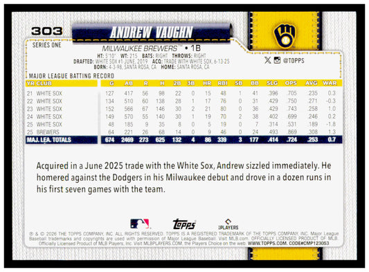 2026 Topps Andrew Vaughn Card Milwaukee Brewers #303
