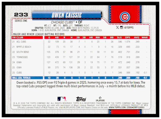 2026 Topps Owen Caissie Card RC Chicago Cubs #233