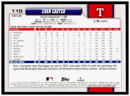 2026 Topps Evan Carter Card Texas Rangers #110