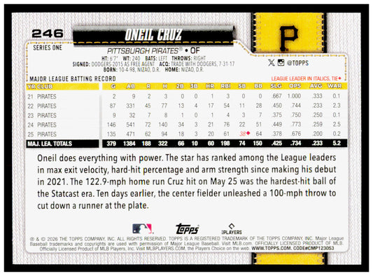 2026 Topps Oneil Cruz Card Pittsburgh Pirates #246