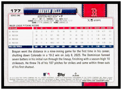 2026 Topps Brayan Bello Card Boston Red Sox #177