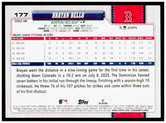 2026 Topps Brayan Bello Card Boston Red Sox #177