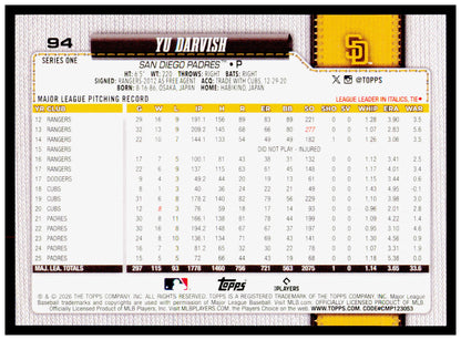 2026 Topps Yu Darvish Card San Diego Padres #94