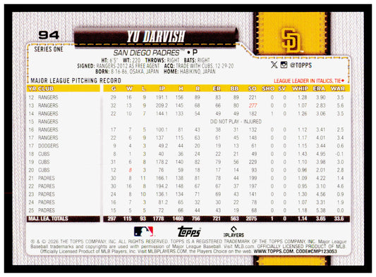 2026 Topps Yu Darvish Card San Diego Padres #94