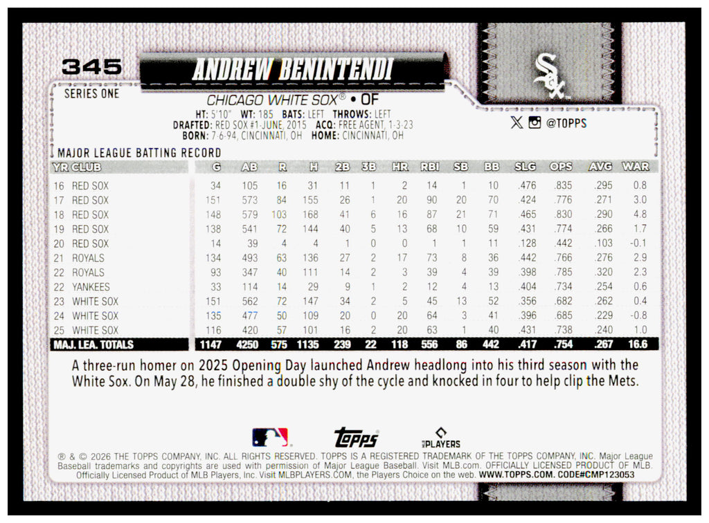 2026 Topps Andrew Benintendi Card Chicago White Sox #345