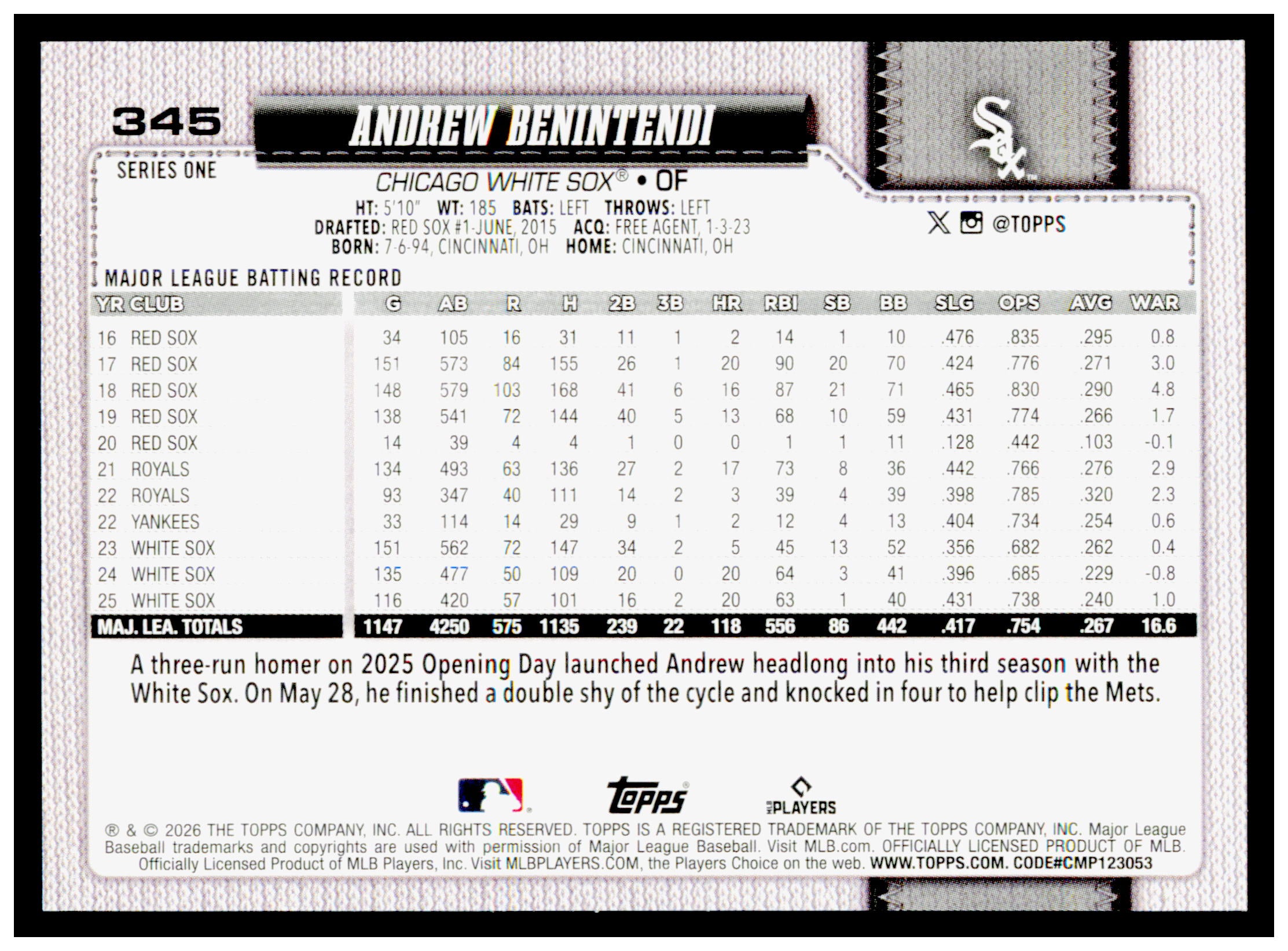 2026 Topps Andrew Benintendi Card Chicago White Sox #345