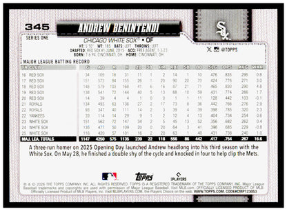 2026 Topps Andrew Benintendi Card Chicago White Sox #345