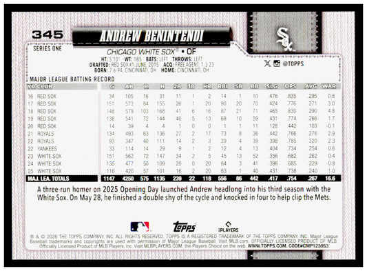 2026 Topps Andrew Benintendi Card Chicago White Sox #345