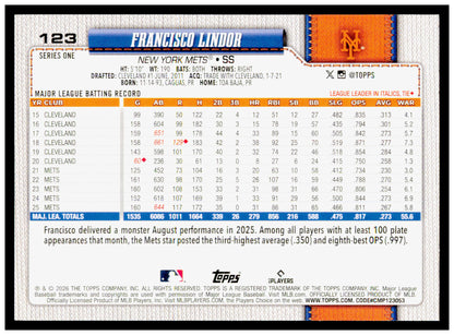 2026 Topps Francisco Lindor Card New York Mets #123