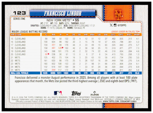 2026 Topps Francisco Lindor Card New York Mets #123