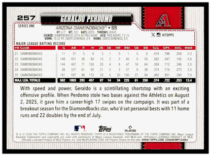 2026 Topps Geraldo Perdomo Card Arizona Diamondbacks #257
