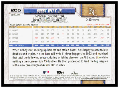 2026 Topps Bobby Witt Jr. Card Kansas City Royals #205