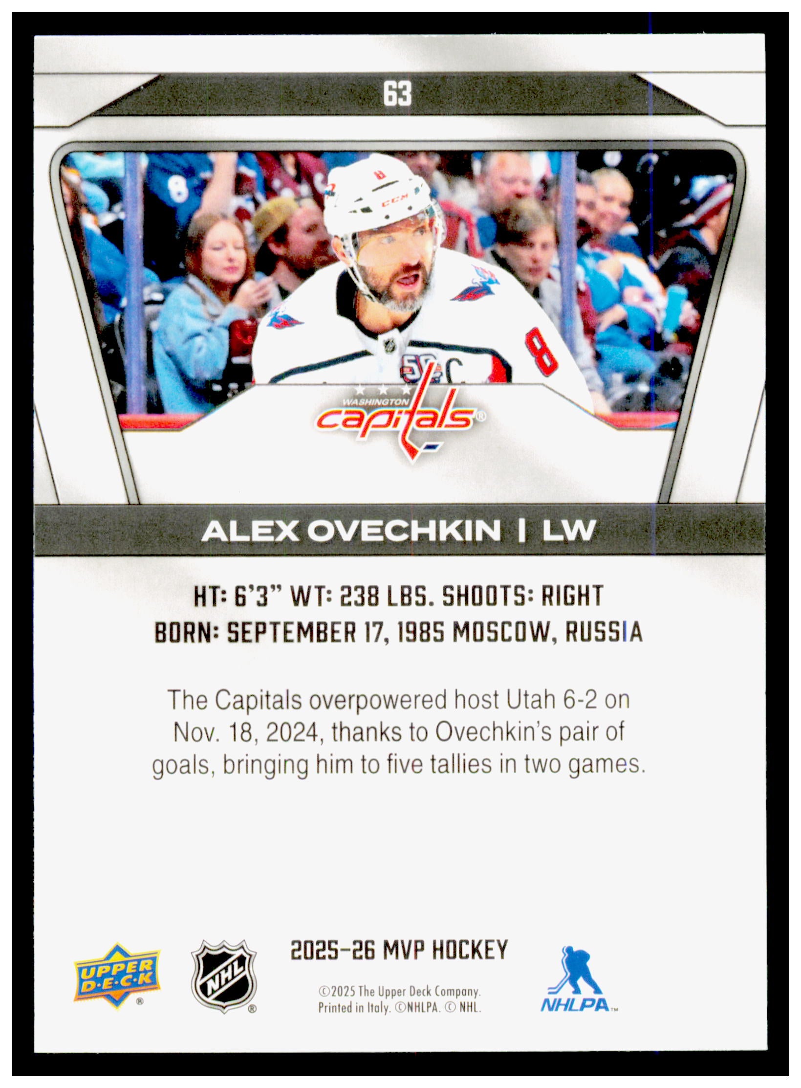 2025-26 Upper Deck MVP Alex Ovechkin Card Washington Capitals #63