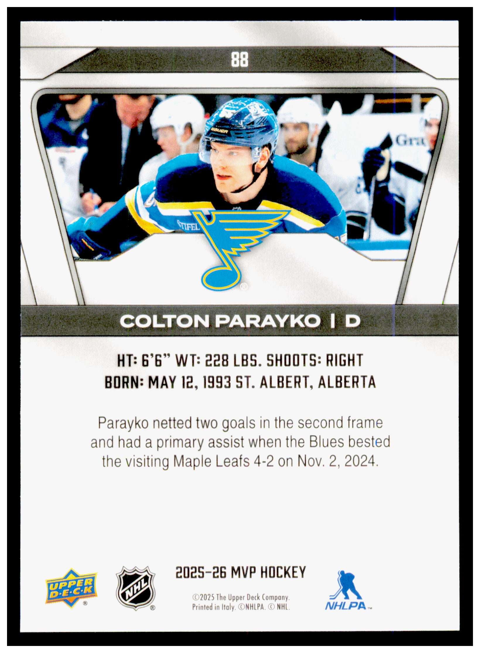 2025-26 Upper Deck MVP Colton Parayko Card St. Louis Blues #88